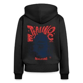 Revelations T-Shirt: Affe entfacht Open-Air Techno - Frauen Premium Bio Zip Hoodie - Schwarz - Hinten - Julia (174cm)