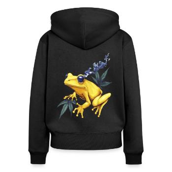 Gelber Frosch mit Rauchwolke - Weed Frosch - Frauen Premium Bio Zip Hoodie - Schwarz - Hinten - Julia (174cm)