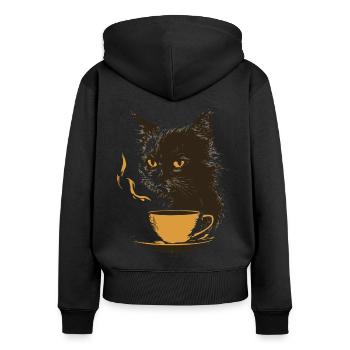 Katze mit gelber Kaffeetasse und dampfendem Kaffee - Frauen Premium Bio Zip Hoodie - Schwarz - Hinten - Julia (174cm)
