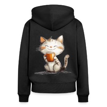 Happy cat with coffee - Women's Premium Organic Zip Hoodie - black - Back - Julia (174cm)