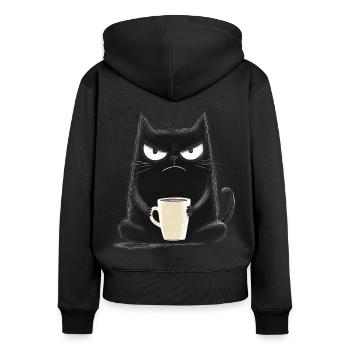 Chat avec du café - Style dessin animé - Sweat à capuche zippé Premium bio Femme - noir - Dos - Julia (174cm)