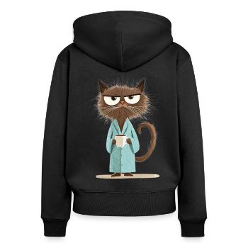 Morning grouch cat with coffee in bathrobe - Women's Premium Organic Zip Hoodie - black - Back - Julia (174cm)