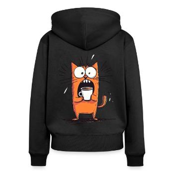 Chat surpris avec du café - Style dessin animé - Sweat à capuche zippé Premium bio Femme - noir - Dos - Julia (174cm)