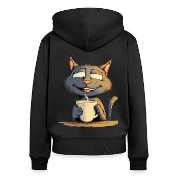 Zufriedene Katze mit Kaffee - Comic-Stil - Frauen Premium Bio Zip Hoodie - Schwarz - Hinten - Julia (174cm)