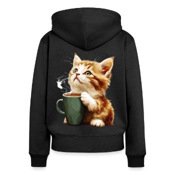 Cute kitten with coffee cup - Women's Premium Organic Zip Hoodie - black - Back - Julia (174cm)