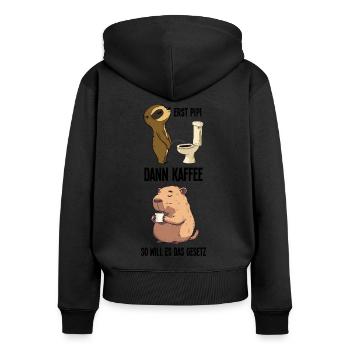 Erst Pinkeln Dann Kaffee Faultier Capybara Morgen - Frauen Premium Bio Zip Hoodie - Schwarz - Hinten - Julia (174cm)