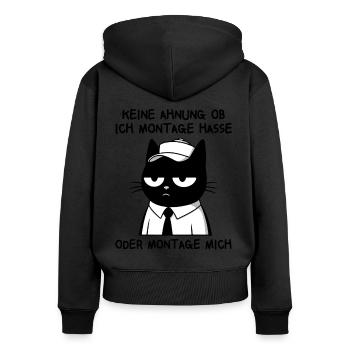 Müde Katze mit Cap – Ich hasse Montage - Frauen Premium Bio Zip Hoodie - Schwarz - Hinten - Julia (174cm)