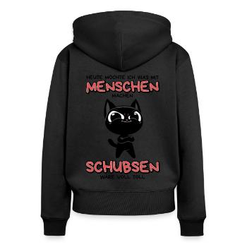 Menschen schubsen: Lustige schwarze Katze mit Plan - Frauen Premium Bio Zip Hoodie - Schwarz - Hinten - Julia (174cm)