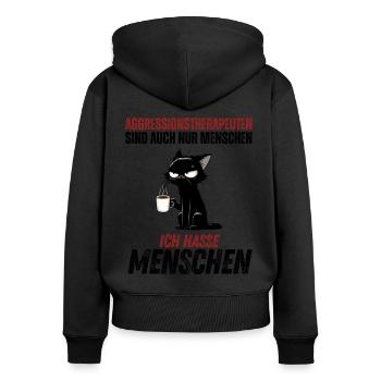 Aggressionstherapeuten – Ich hasse Menschen - Frauen Premium Bio Zip Hoodie - Schwarz - Hinten - Julia (174cm)