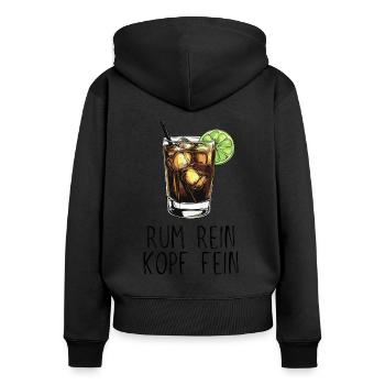 Rum rein Kopf fein - Saufspruch Longdrink und Lime - Frauen Premium Bio Zip Hoodie - Schwarz - Hinten - Julia (174cm)