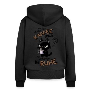 Kaffee und Ruhe – schwarze Katze am Limit - Frauen Premium Bio Zip Hoodie - Schwarz - Hinten - Julia (174cm)