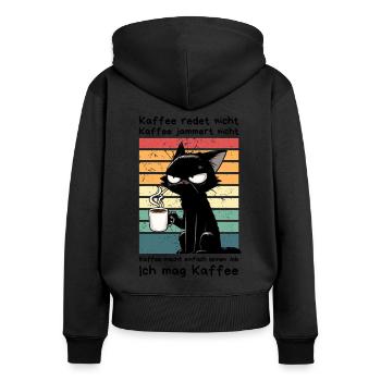Genervte schwarze Katze mit Kaffee und Blick - Frauen Premium Bio Zip Hoodie - Schwarz - Hinten - Julia (174cm)