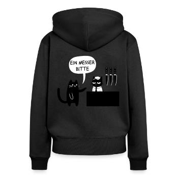Ein Messer bitte – Schwarzer Humor mit Katze - Frauen Premium Bio Zip Hoodie - Schwarz - Hinten - Julia (174cm)
