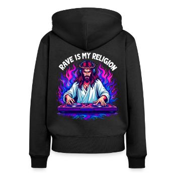 Rave, Techno, House, Party, EDM, Festival, Goa, Electro - Sweat à capuche zippé Premium bio Femme - noir - Dos - Julia (174cm)