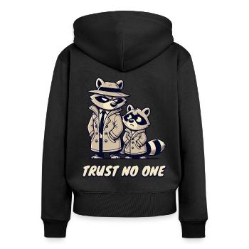 Trust No One – Süße Waschbären in Trenchcoats - Frauen Premium Bio Zip Hoodie - Schwarz - Hinten - Julia (174cm)