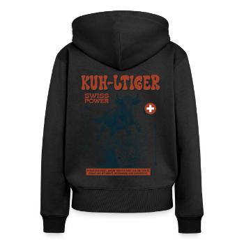 Schweizer Volksfest Shirt: Käse, Kuh und Herzblut - Frauen Premium Bio Zip Hoodie - Schwarz - Hinten - Julia (174cm)