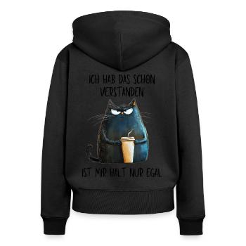Ist mir egal - Mürrische Katze mit Kaffee Becher - Frauen Premium Bio Zip Hoodie - Schwarz - Hinten - Julia (174cm)