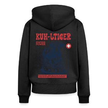 Schweizer Shirt: Käse, Kuh & Feinschmecker Flair - Frauen Premium Bio Zip Hoodie - Schwarz - Hinten - Julia (174cm)