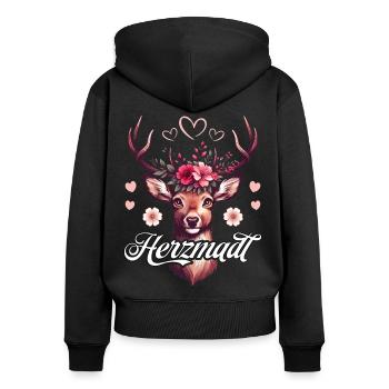 Trachtenshirt Damen Herzmadl T-Shirt Tracht Dirndl - Frauen Premium Bio Zip Hoodie - Schwarz - Hinten - Julia (174cm)