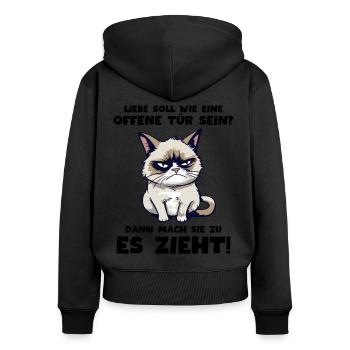 Süße Grump Katze: "Liebe ist wie eine offene Tür" - Frauen Premium Bio Zip Hoodie - Schwarz - Hinten - Julia (174cm)