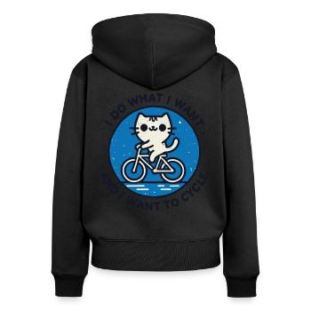 Retro cat motif on bicycle with humor and power - Women's Premium Organic Zip Hoodie - black - Back - Julia (174cm)