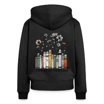Bücherwurm Lustiger Buch Spruch Florales - Frauen Premium Bio Zip Hoodie - Schwarz - Hinten - Julia (174cm)