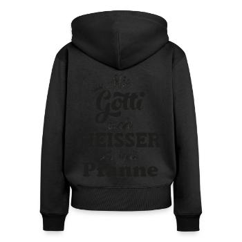 Mis Gotti isch heisser als jede Pfanne Patentante - Frauen Premium Bio Zip Hoodie - Schwarz - Hinten - Julia (174cm)