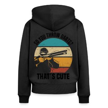 Wurfscheiben Schießen | Sport Wurfscheibe Geschenk - Frauen Premium Bio Zip Hoodie - Schwarz - Hinten - Julia (174cm)