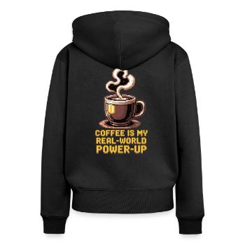 Coffee is my Real-World Power-Up– Gamer & Kaffee - Frauen Premium Bio Zip Hoodie - Schwarz - Hinten - Julia (174cm)