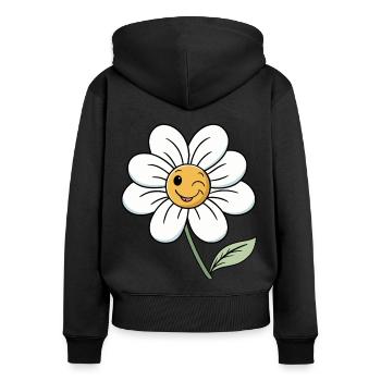 Cheerful White Daisy with Smiley Faces - Women's Premium Organic Zip Hoodie - black - Back - Julia (174cm)