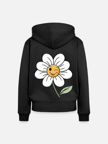 Cheerful White Daisy with Smiley Faces - Premium økologisk hoodie med lynlås til kvinder - sort