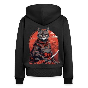 Chat Samouraï Japon - Sweat à capuche zippé Premium bio Femme - noir - Dos - Julia (174cm)