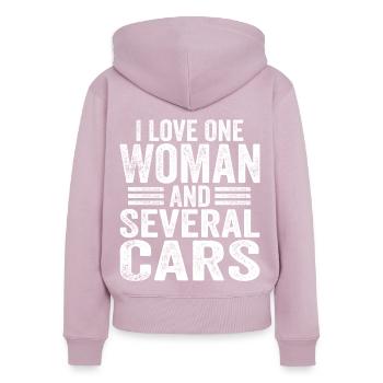 I Love One Woman And Several Cars Funny Mechanic - Sweat à capuche zippé Premium bio Femme - rose poudré - Dos - Julia (174cm)