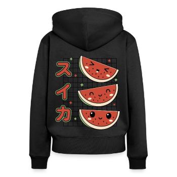 Pastèques Kawaii - Sweat à capuche zippé Premium bio Femme - noir - Dos - Julia (174cm)