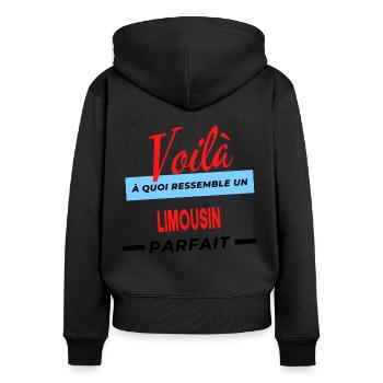 Voilà a quoi ressemble un LIMOUSIN Humour - Sweat à capuche zippé Premium bio Femme - noir - Dos - Julia (174cm)