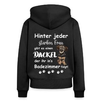 Hinter jedem starken Frauchen steht ein Dackel - Frauen Premium Bio Zip Hoodie - Schwarz - Hinten - Julia (174cm)