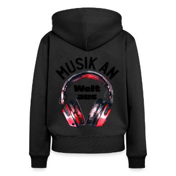 Kopfhörer: Musik an - Welt aus - Frauen Premium Bio Zip Hoodie - Schwarz - Hinten - Julia (174cm)