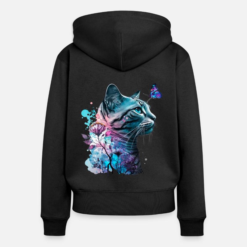 Fleur de chat et papillon - Sweat à capuche zippé Premium bio Femme - noir