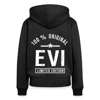 Evi cadeau tshirt personnalisé prénom evi, Evi - Sweat à capuche zippé Premium bio Femme - noir - Dos - Julia (174cm)