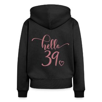 Hello 39 - Cadeau mignon de 39e anniversaire pour femmes - Sweat à capuche zippé Premium bio Femme - noir - Dos - Julia (174cm)