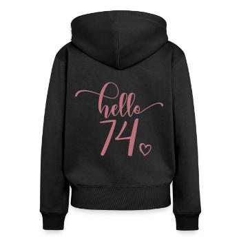 Hello 74 - Mignon cadeau de 74e anniversaire, 74 ans - Sweat à capuche zippé Premium bio Femme - noir - Dos - Julia (174cm)