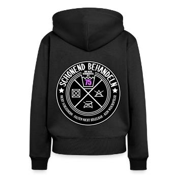 Schonend behandeln Schachtel 75 | Farben änderbar - Frauen Premium Bio Zip Hoodie - Schwarz - Hinten - Julia (174cm)