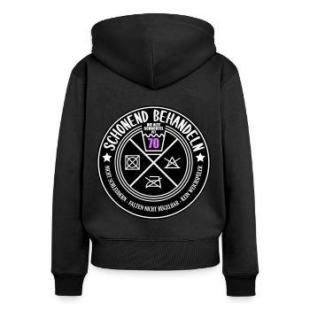 Schonend behandeln Schachtel 70 | Farben änderbar - Frauen Premium Bio Zip Hoodie - Schwarz - Hinten - Julia (174cm)