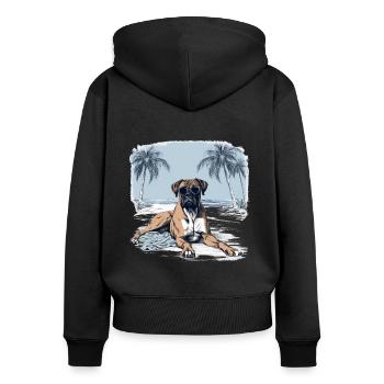 Deutscher Boxer mit Sonnenbrille am Strand - Frauen Premium Bio Zip Hoodie - Schwarz - Hinten - Julia (174cm)