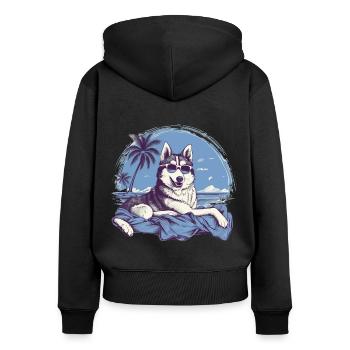 Husky mit Sonnenbrille am Strand - Frauen Premium Bio Zip Hoodie - Schwarz - Hinten - Julia (174cm)