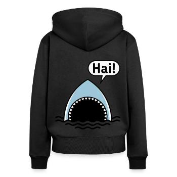 Hai! (Haifisch / Sprechblase / Comic / Cartoon) - Frauen Premium Bio Zip Hoodie - Schwarz - Hinten - Julia (174cm)