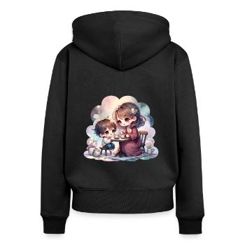 Mutter und Sohn genießen eine gemütliche Teeparty - Frauen Premium Bio Zip Hoodie - Schwarz - Hinten - Julia (174cm)