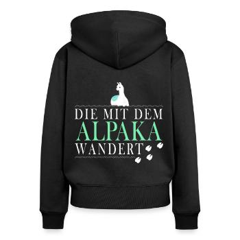 Die mit dem Alpaka wandert - Frauen Premium Bio Zip Hoodie - Schwarz - Hinten - Julia (174cm)