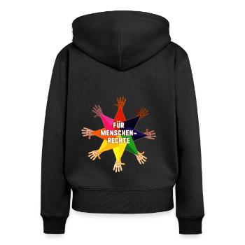 droits de l’homme, humain, LGBT, arc-en-ciel, mains, étoile, - Sweat à capuche zippé Premium bio Femme - noir - Dos - Julia (174cm)