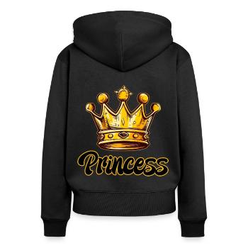 MOTIF PRINCESSE AVEC COURONNE EN OR JAUNE - Sweat à capuche zippé Premium bio Femme - noir - Dos - Julia (174cm)